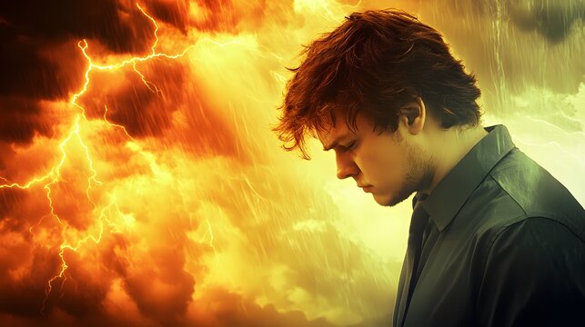 of a man suppressing his emotions, blended with an image of a stormy sky, highlighting the impact of emotional repression. | [men's]:[toxic masculinity] 