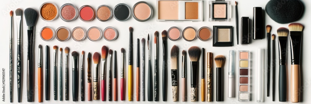 Poster Collection of various makeup tools such as brushes, eyeshadows, and lipsticks arranged neatly with ample space for text overlay. Generative AI