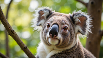 Close-up of a koala staring curiously from a tree in the Australian bush