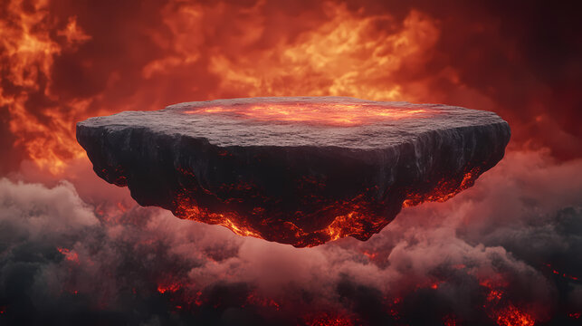 Podium on a floating rock in a lava field, fantasy, fiery reds, digital painting, dramatic lighting. Magma. Illustration