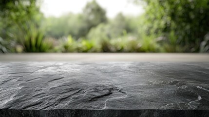 Textured Slate Stone Tabletop: Deep Charcoal and Graphite Variations in Soft Natural Light, Featuring Unique Patterns and a Minimalist Earthy-Toned Background.