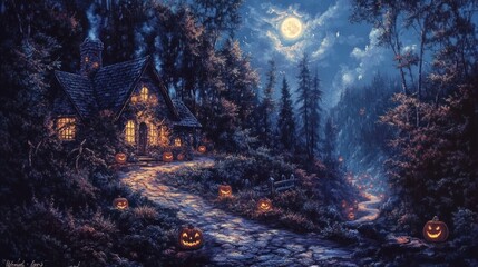 Naklejka premium Enchanted Halloween Cottage: A Night in the Mystical Forest