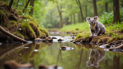 Koala sitting near a tranquil pond in the Australian bush