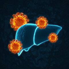 Human liver with virus cells on dark blue background. Concept of hepatitis disease