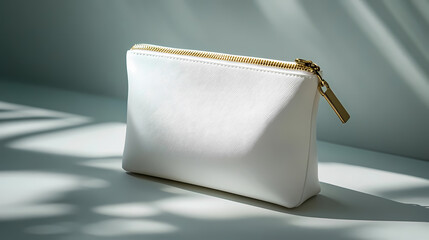 Cosmetic bag mockup in sleek white design with gold zipper on soft background and gentle lighting, copy space