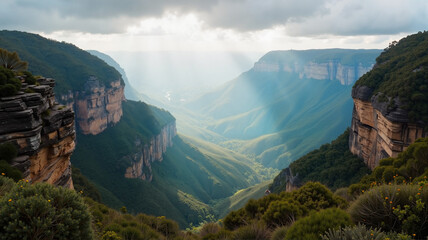 Scenic view of Blue Mountains with mist-covered cliffs and valleys