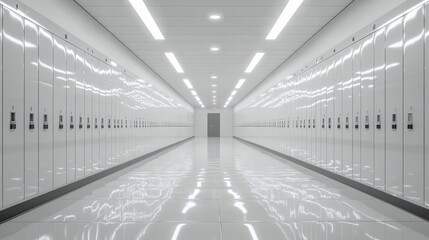 A modern hallway lined with lockers, featuring sleek white surfaces and bright lighting.