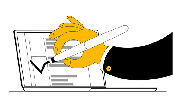 Hand putting a tick in an electronic ballot on the screen. Vector illustration on the theme of elections and online voting. Cartoon funny doodle style.