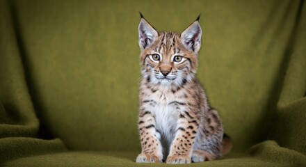 Obraz premium Young eurasian lynx on olive green background for wildlife education and conservation