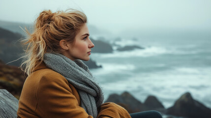 Fototapeta premium Caucasian woman sitting on a bench by the ocean, wearing a coat and a scarf