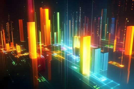 Data visualization concept featuring dynamic, multidimensional graphs and charts