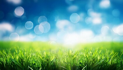 Obraz premium blue sky green grass blurred bokeh background