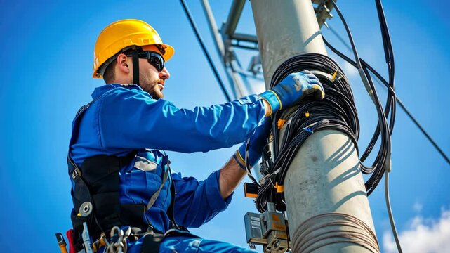 Worker climbing utility pole, wear safety harness, helmet. Cables expertly managed for maintenance. Safety in electrical work. Construction, utility service. Electrician repairing wires.
