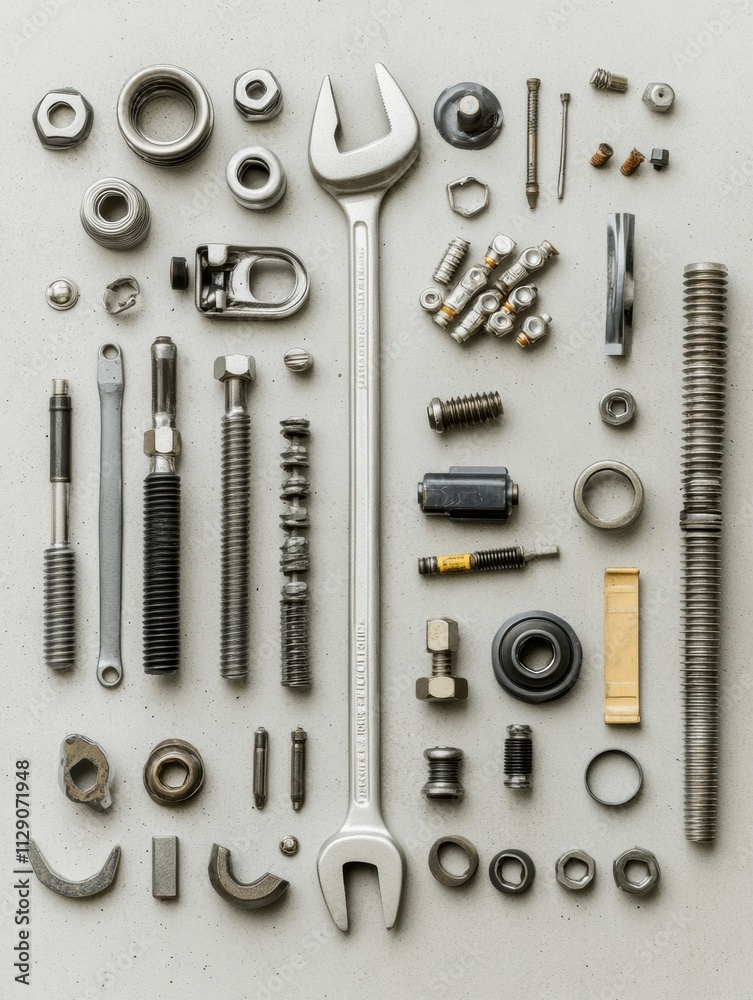 Poster assorted car parts and tools including bolts, nuts, spark plugs, and wrenches are displayed on a lig