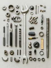 Obraz premium Assorted car parts and tools including bolts, nuts, spark plugs, and wrenches are displayed on a light surface, leaving room for text. Generative AI