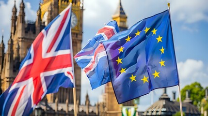 Flags of the UK and EU in front of a historic building, symbolizing political relations.
