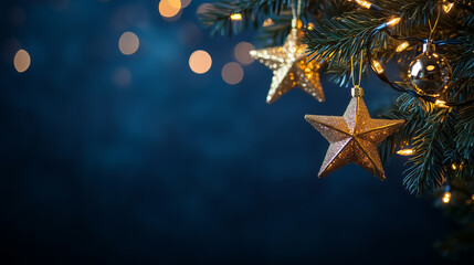 Festive Christmas Background with Bokeh Lights and Golden Stars
