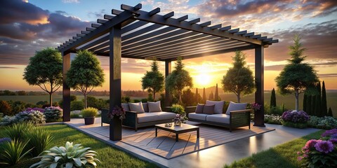 Fototapeta premium Modern Outdoor Seating Area with Elegant Pergola Overlooking a Lush Garden, Perfect for Relaxation and Entertainment in a Serene Natural Setting