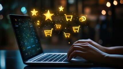 Hands Typing on Laptop with Floating E-Commerce Icons and Stars in a Dark Background, Representing Online Shopping and Digital Marketing Success