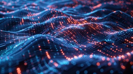 Complex network of interconnected nodes creating a dynamic, flowing wave visualization of big data, representing the constant flow of information in the digital age