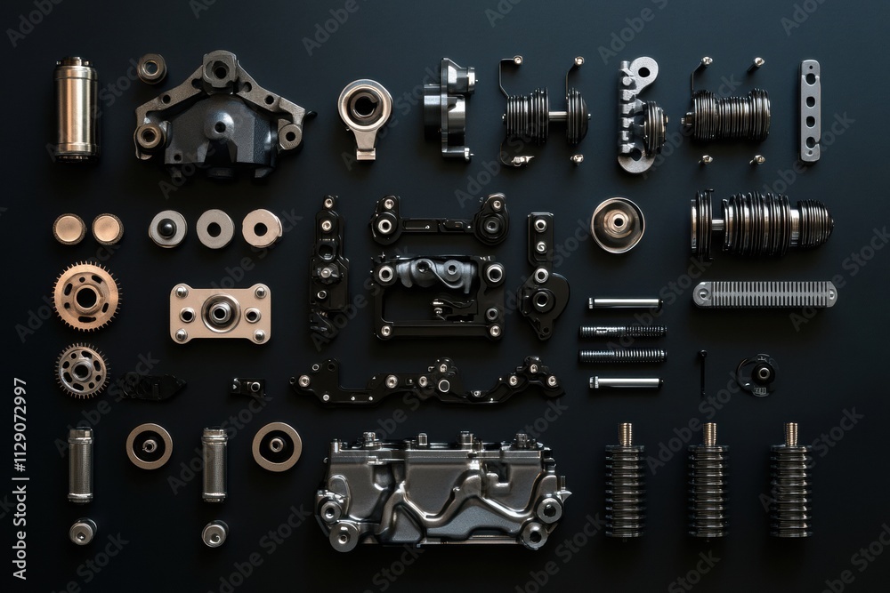 Poster a detailed layout displaying car engine components like pistons, gears, belts, and valves. the arran