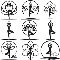 Black and white yoga icon. Relaxation, Inner Peace Self-knowledge Inner Concentration Editable Stroke Line icons collection Vector.