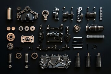 A detailed layout displaying car engine components like pistons, gears, belts, and valves. The arrangement offers ample space for text inclusion. Generative AI