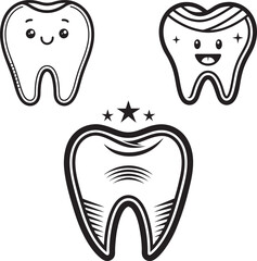 Black and white teeth icon. Dental care, prevention checkup, stomatology services, dental, toothache, braces, oral clean, linear design. Vector illustration.