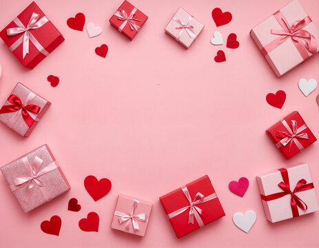 Valentine's Day flat lay composition with gift boxes and hearts on pastel pink background. Flat lay, top view, copy space.