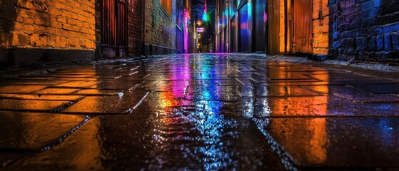 Cinematic mood Concept. A vibrant, wet street scene reflecting colorful lights, creating a mesmerizing atmosphere in an urban setting.