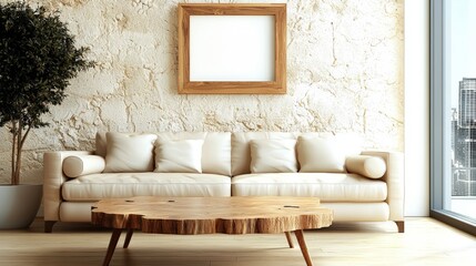 Fototapeta premium Leather sofa next to beige stucco wall. Loft home interior design of modern living room.. Natural Wooden coffee table. Wall with blank frame. 