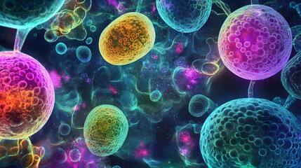 High-detail view of adult stem cells, colorful, intricate cellular structure, glowing