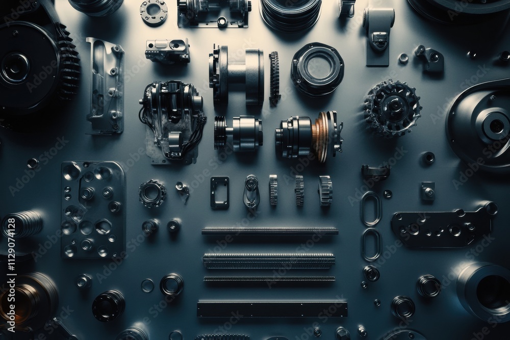 Aufkleber detailed layout of car engine components including pistons, gears, belts, and valves arranged neatly