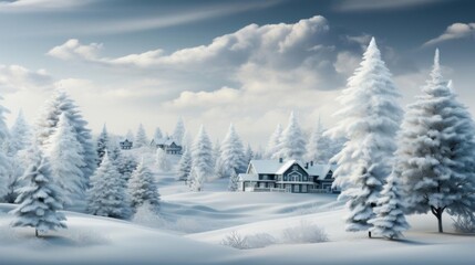 A snowy landscape with a house in the distance