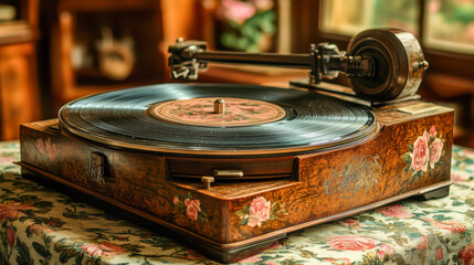 Obraz premium Vintage floral turntable on decorative table indoors in sunlit room