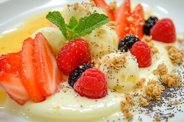 Sweet strawberry cream dessert on a white plate