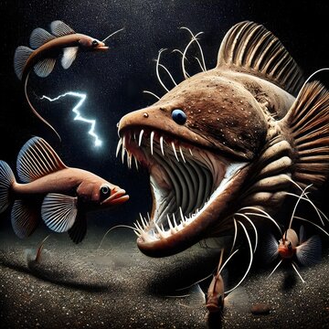 An angry and hungry electric eel, wanting to prey on small fish around it, with a dark and scary background on the seabed