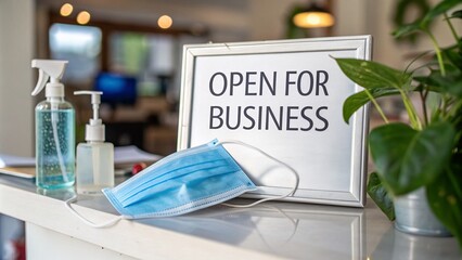Nameplate Sign Featuring Blue Face Mask with 'Open for Business' Phrase, Symbolizing Medical Respiratory Protection and Safety in a Commercial Environment