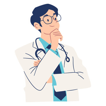 Male doctor with glasses in pensive pose, thinking, problem solving. Flat vector illustration, simple style, white background . Vector illustration