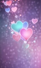 Soft focus background with pastel hues gradating into a gentle mist and featuring interconnected neon hearts, serene environment, soft focus