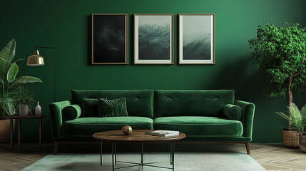 Home interior mock-up with green sofa table and desk