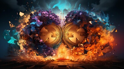 The image is a colorful explosion of two golden coins