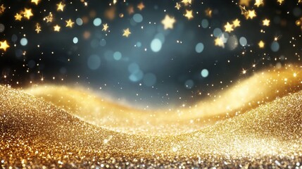 A shimmering golden wave flows smoothly, adorned with sparkling elements, providing ample copy space for creative text applications. Generative AI