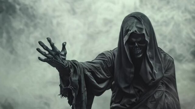 Scary grim reaper with sharp scythe in hell with dramatic background