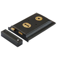 Matte Black Rim Lock with Brass Keyhole and Matching Strike Plate for Interior Doors