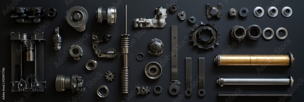 Poster close-up view of an array of car engine components featuring pistons, gears, valves, and belts, with