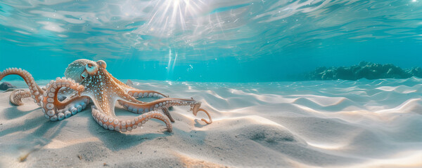 Underwater panoramic view of a swimming octopus on the sand of a shallow lagoon, sea life web banner