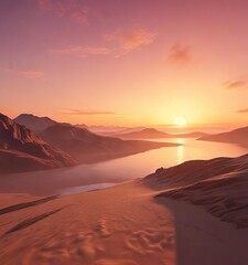 Fototapeta premium Soft gradient sunset landscape with fine grain texture, rocky outcrops, sunset, serene atmosphere