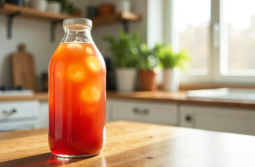 Bottle of kombucha on the table in a spacious, bright modern kitchen. Empty space for text. Probiotic tea for gut health.