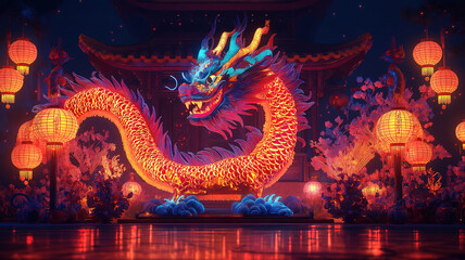 Fototapeta premium Vibrant dragon in festive colors surrounded by traditional lanterns for Lunar New Year celebrations